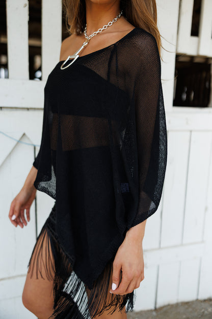 "Solei" Knit Asymmetric Poncho in Black