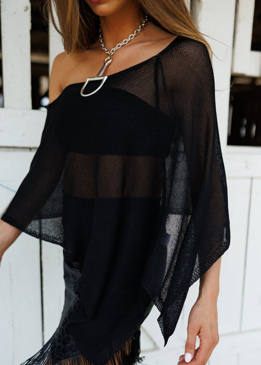 "Solei" Knit Asymmetric Poncho in Black