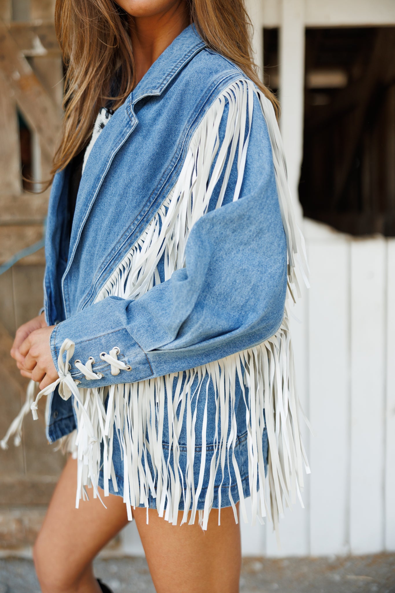 "Aspen" Fringe Denim Jacket in Medium Wash