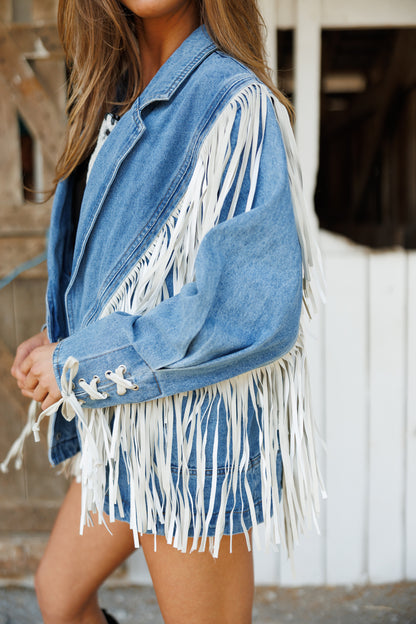 "Aspen" Fringe Denim Jacket in Medium Wash