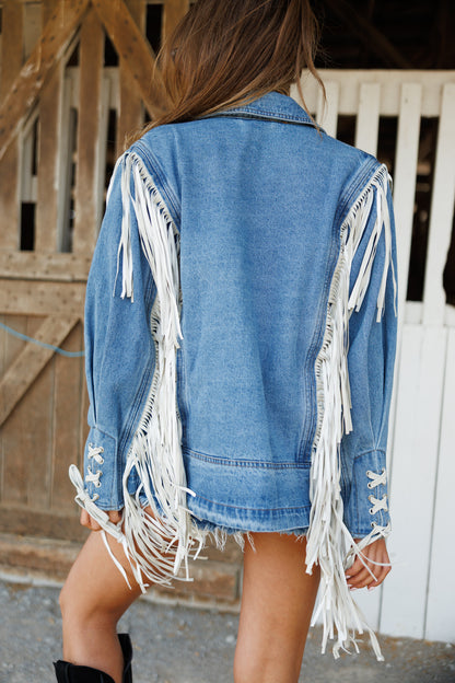 "Aspen" Fringe Denim Jacket in Medium Wash