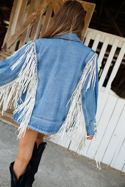 "Aspen" Fringe Denim Jacket in Medium Wash