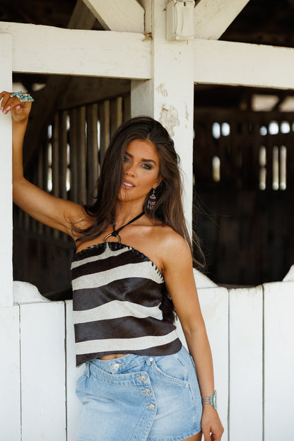 "Icon Status" Cowhide Halter Top in Zebra