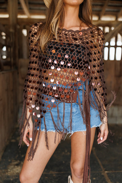 "Lunara" Sequin Crochet Top in Brown