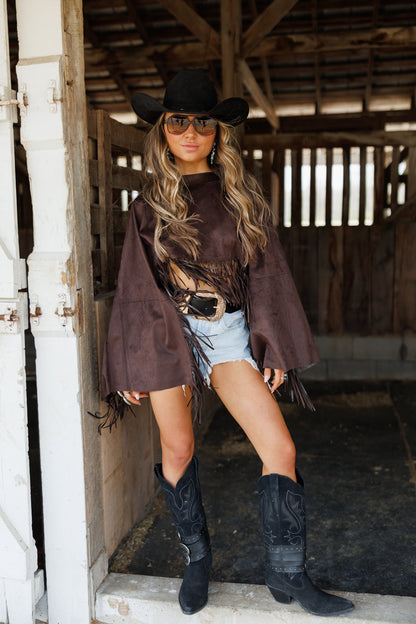 "Midnight Rodeo" Fringe Shawl in Brown