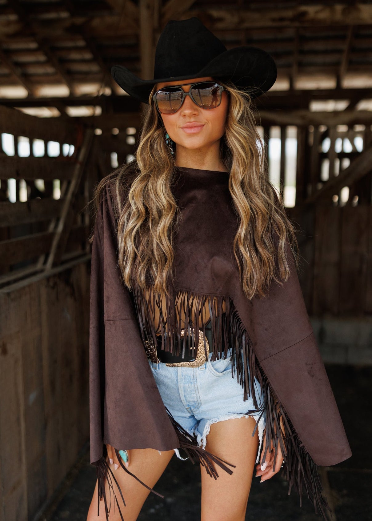 "Midnight Rodeo" Fringe Shawl in Brown