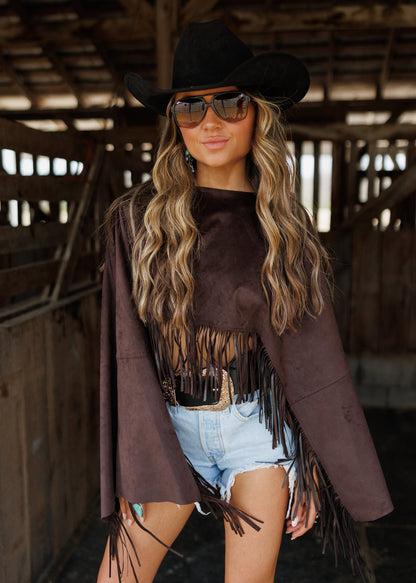 "Midnight Rodeo" Fringe Shawl in Brown