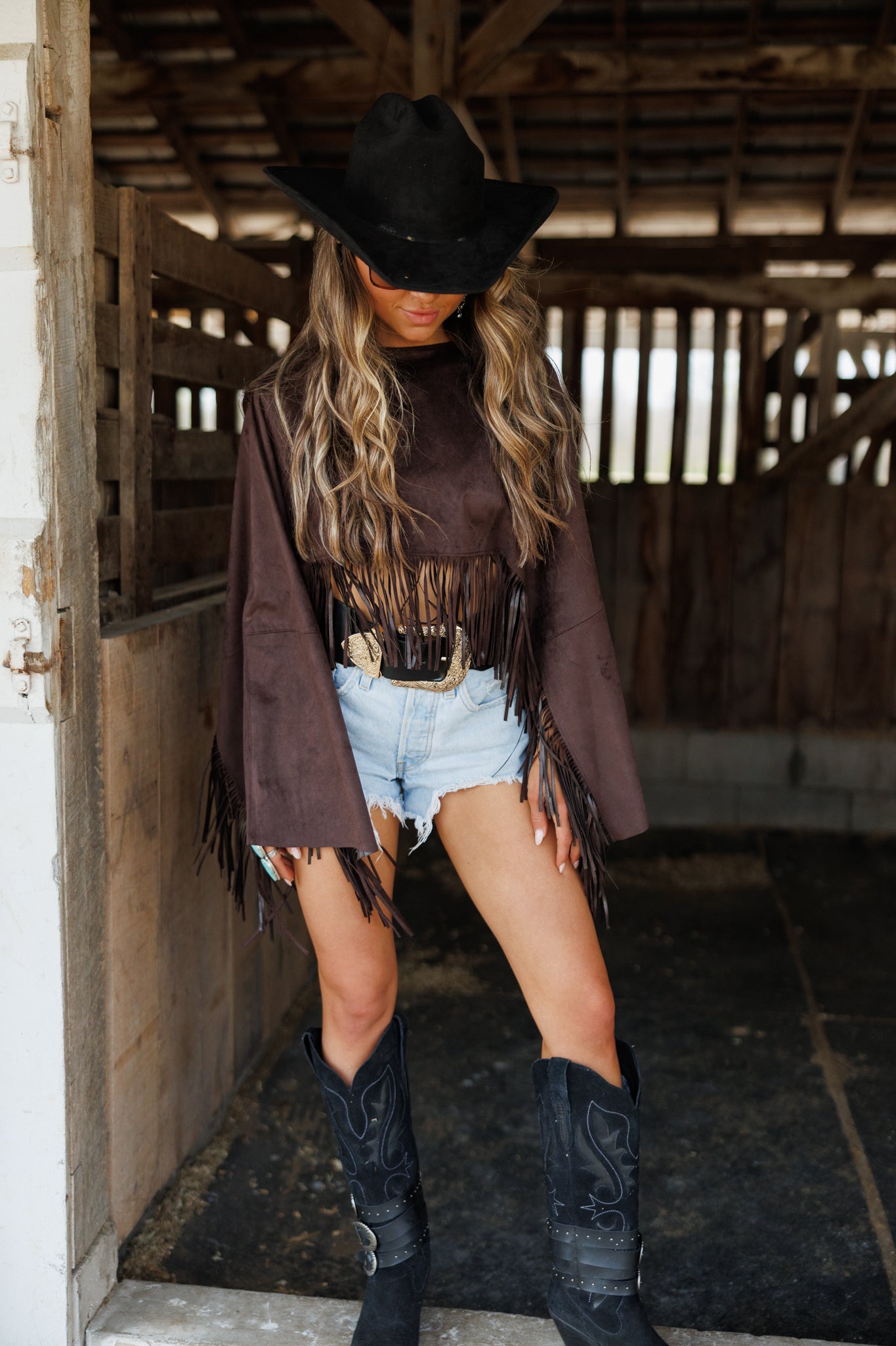 "Midnight Rodeo" Fringe Shawl in Brown