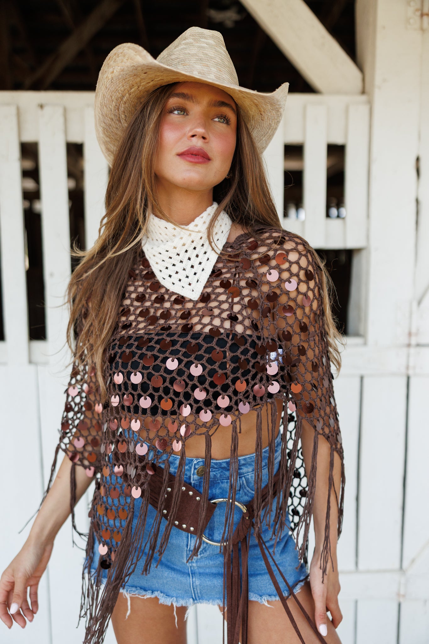 "Lunara" Sequin Crochet Top in Brown