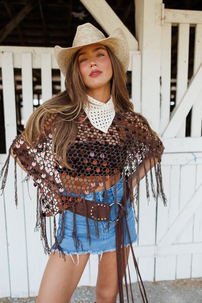 "Lunara" Sequin Crochet Top in Brown