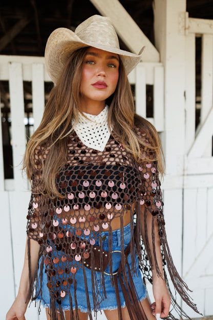 "Lunara" Sequin Crochet Top in Brown