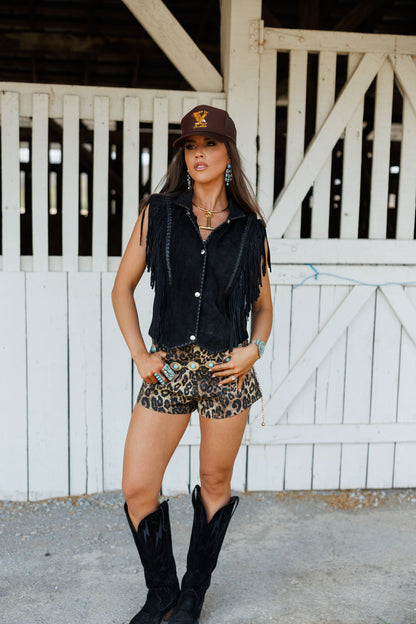 Suede and Leather Fringe Vest in Black