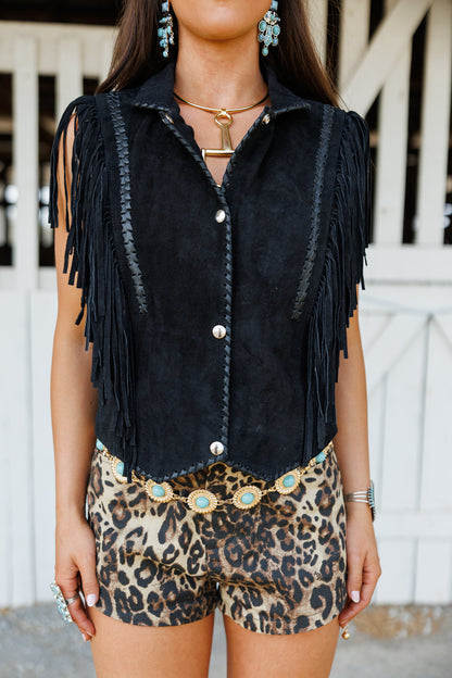Suede and Leather Fringe Vest in Black