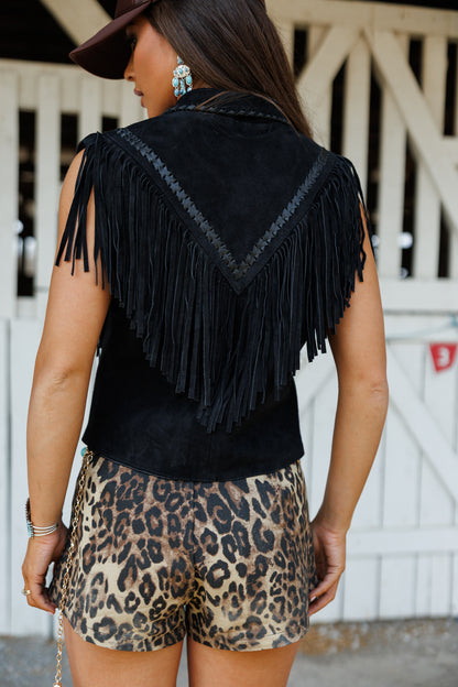 Suede and Leather Fringe Vest in Black