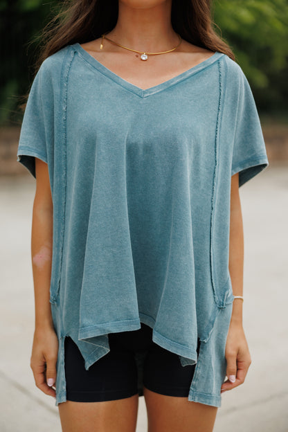 Oversized V Neck Mineral Wash Tee in Dark Teal