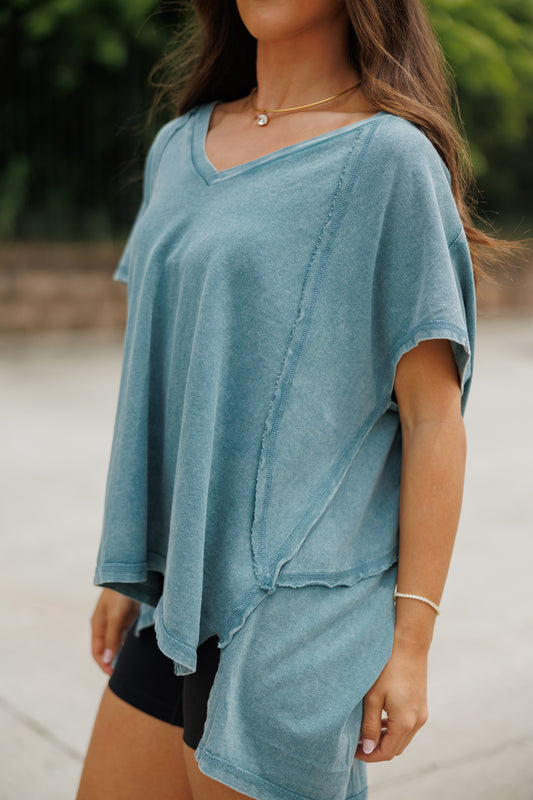 Oversized V Neck Mineral Wash Tee in Dark Teal
