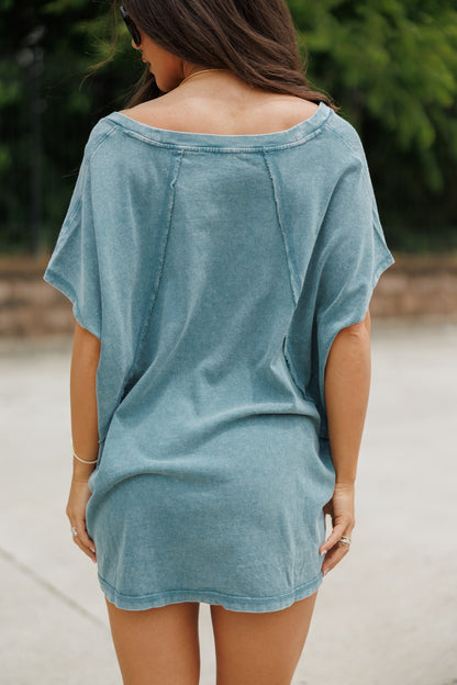Oversized V Neck Mineral Wash Tee in Dark Teal