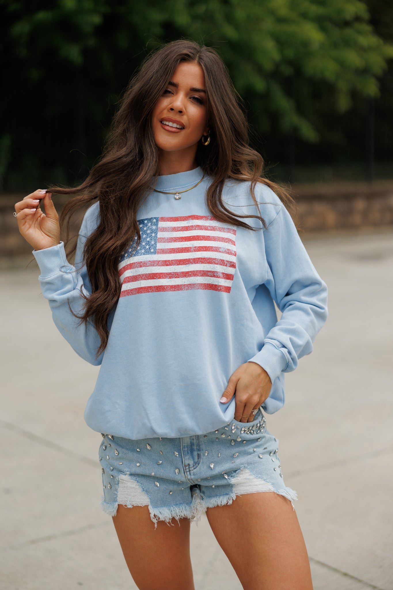 "American Flag" Sweatshirt in Mineral Blue