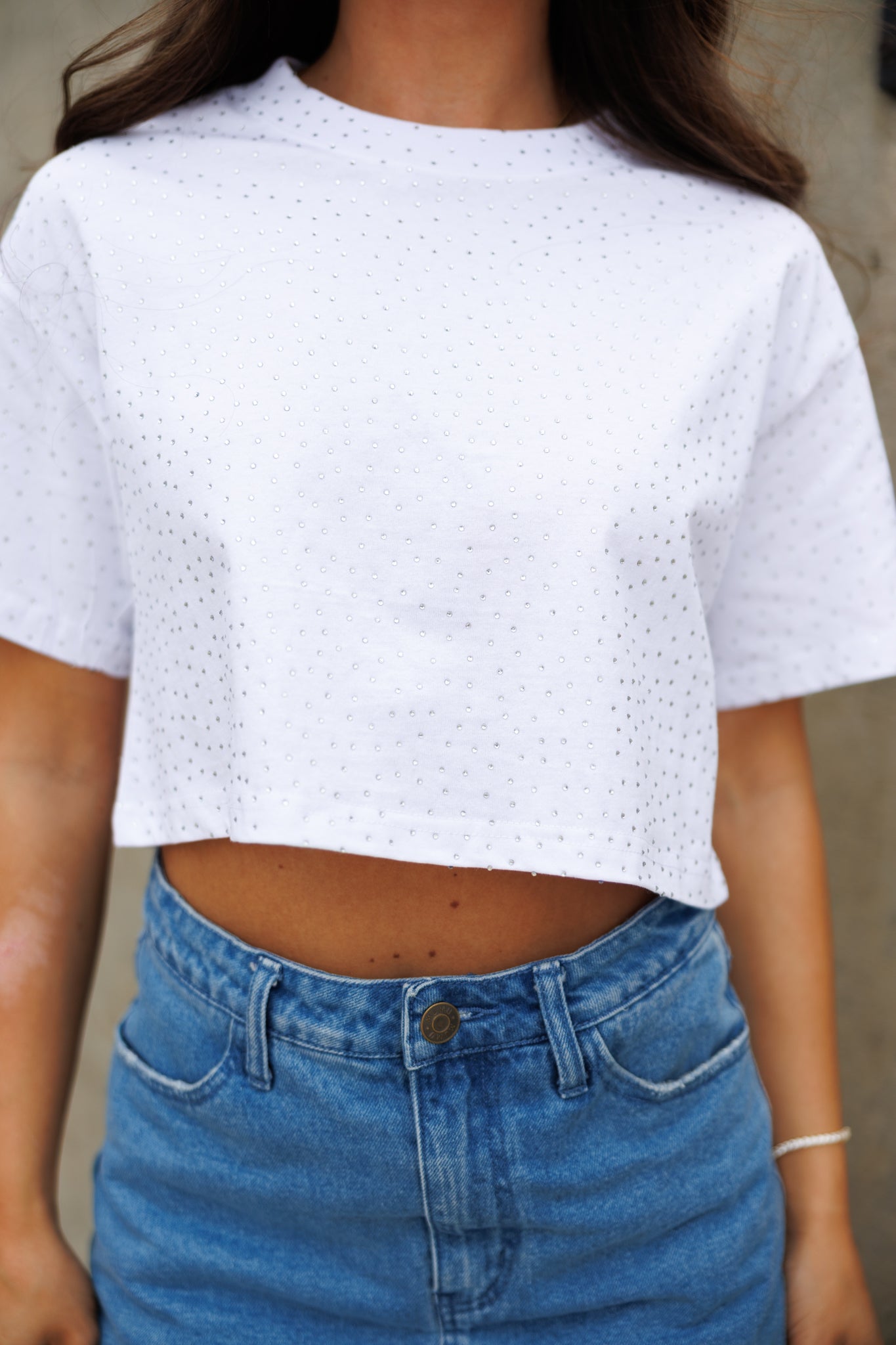 The “Brooklyn" Cropped Rhinestone Tee in White