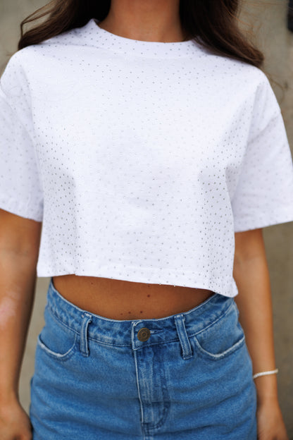 The “Brooklyn" Cropped Rhinestone Tee in White