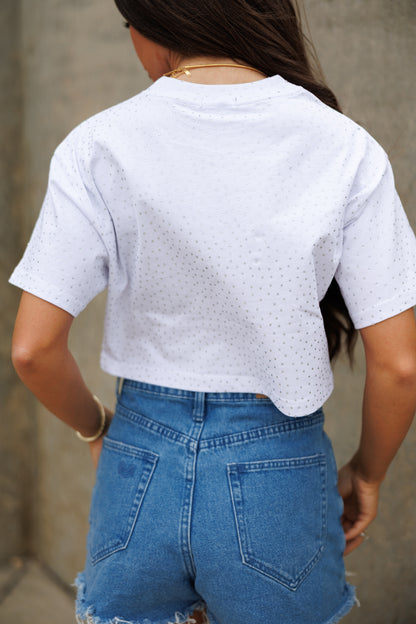 The “Brooklyn" Cropped Rhinestone Tee in White