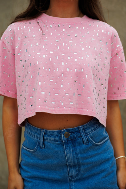 The “Houston" Cropped Rhinestone Tee in Pink
