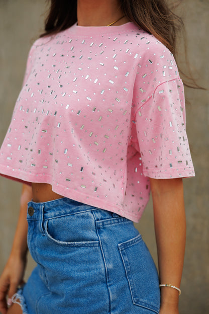 The “Houston" Cropped Rhinestone Tee in Pink