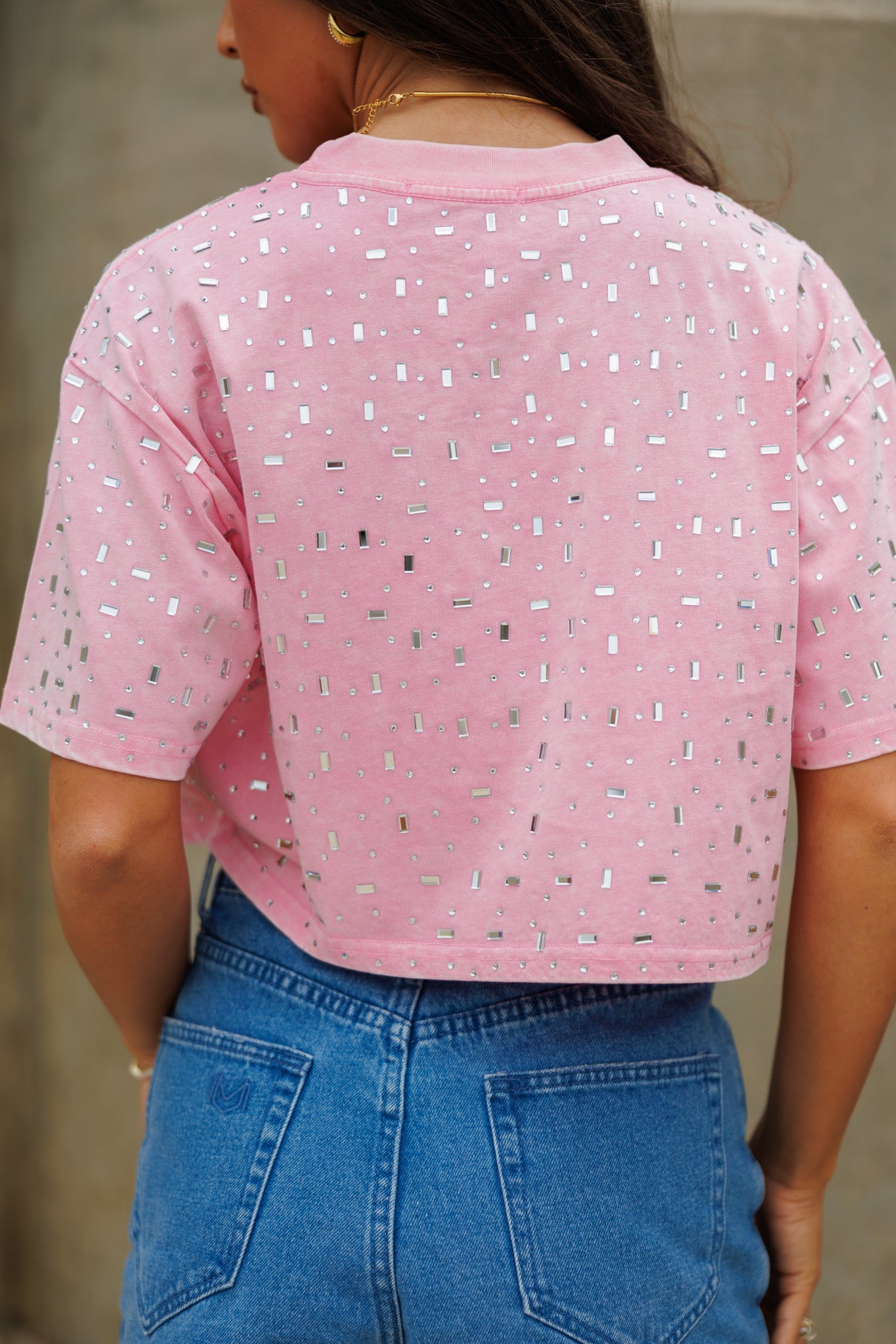 The “Houston" Cropped Rhinestone Tee in Pink