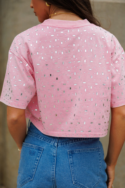 The “Houston" Cropped Rhinestone Tee in Pink