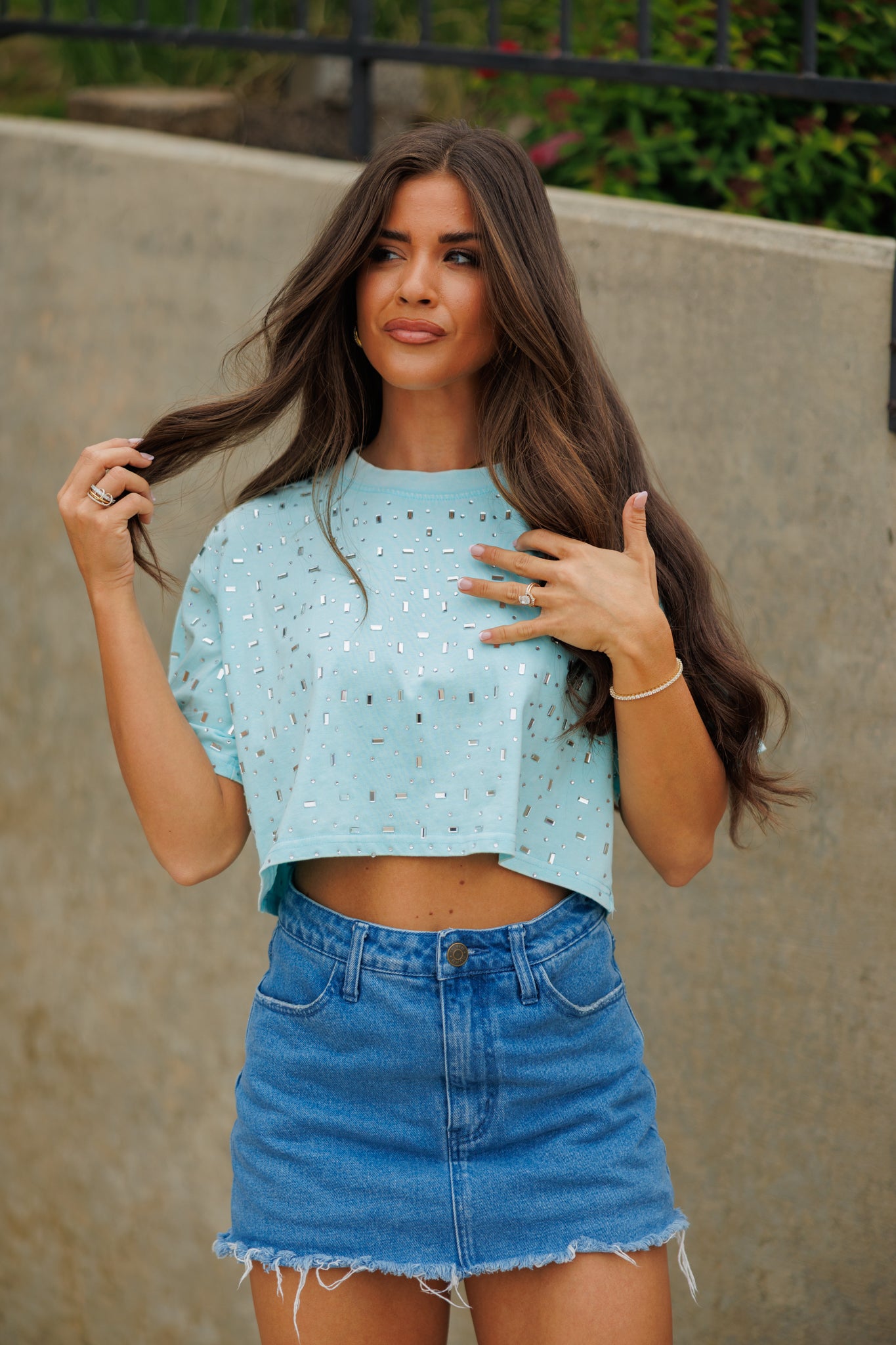 The “Houston" Cropped Rhinestone Tee in Teal