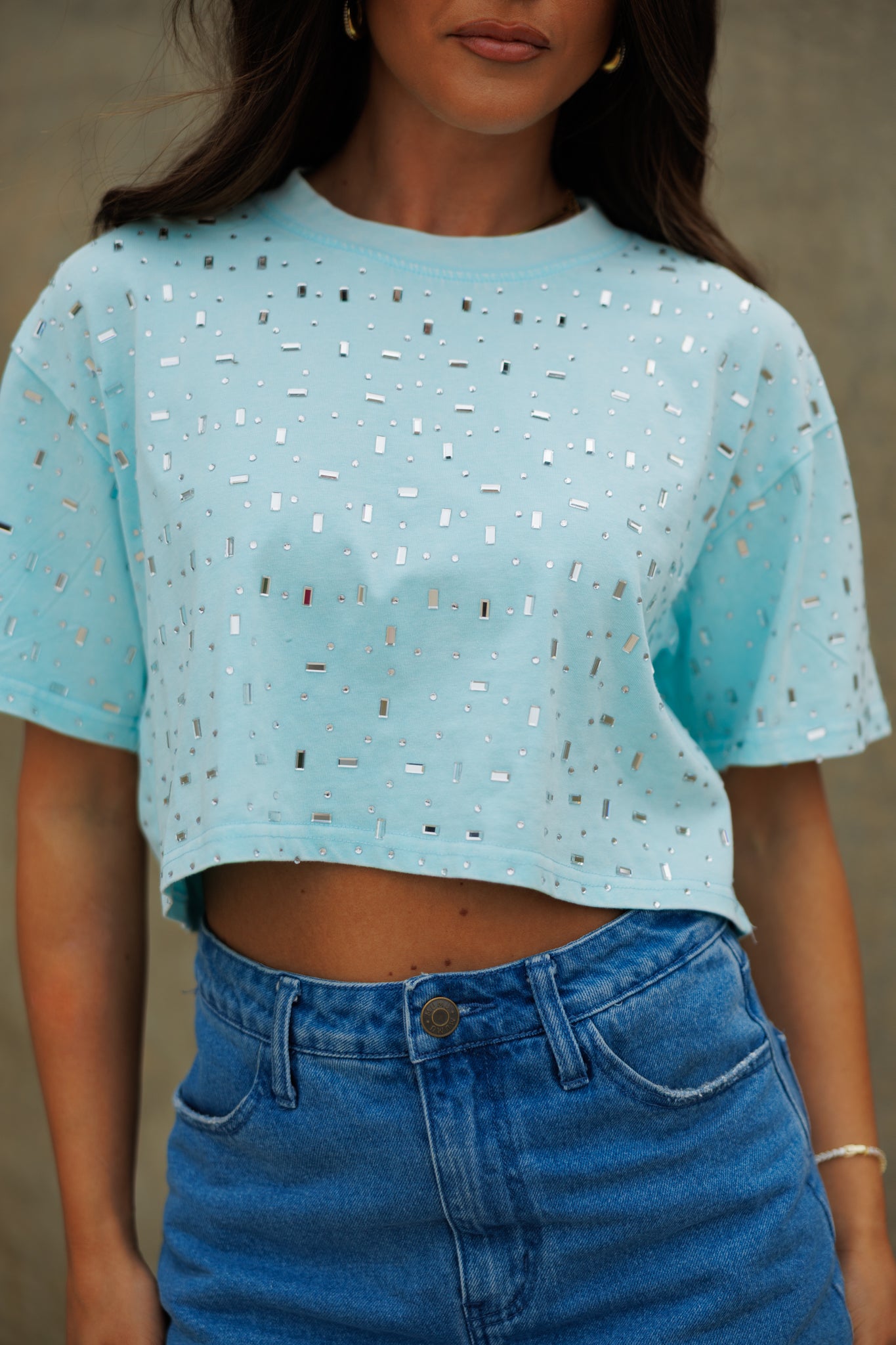 The “Houston" Cropped Rhinestone Tee in Teal