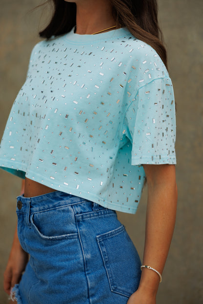The “Houston" Cropped Rhinestone Tee in Teal