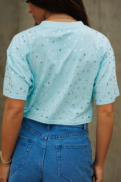 The “Houston" Cropped Rhinestone Tee in Teal