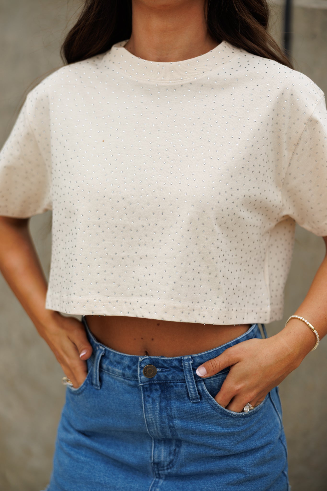 The “Brooklyn" Cropped Rhinestone Tee in Beige
