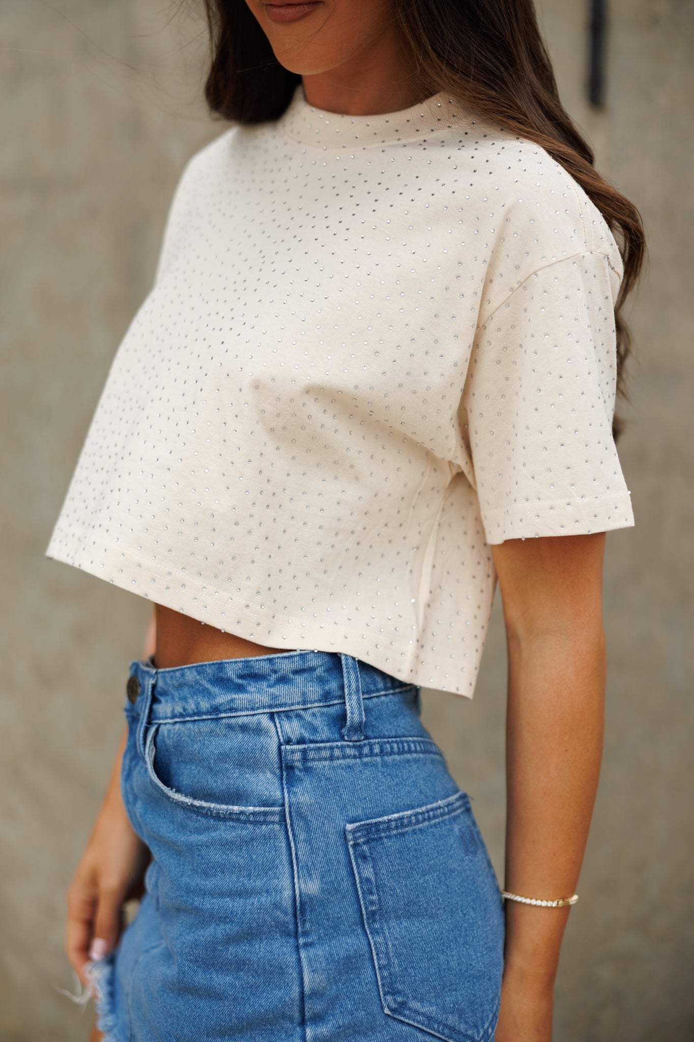 The “Brooklyn" Cropped Rhinestone Tee in Beige