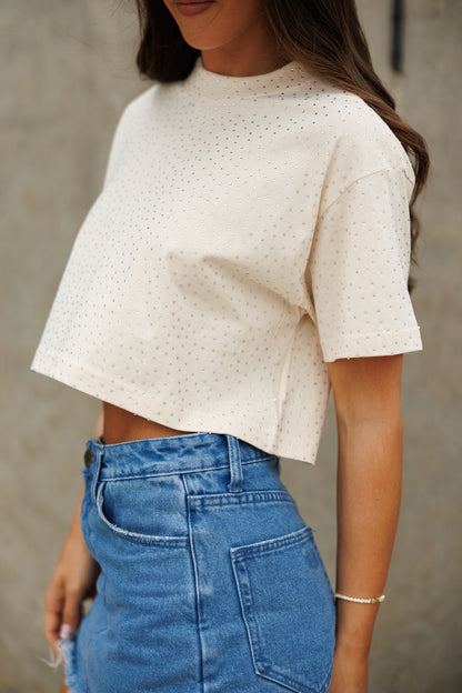 The “Brooklyn" Cropped Rhinestone Tee in Beige