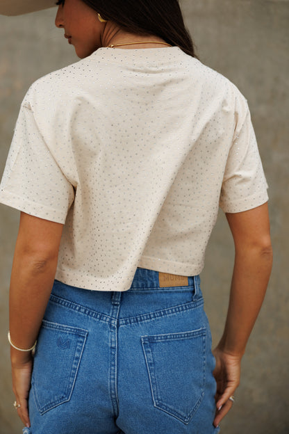The “Brooklyn" Cropped Rhinestone Tee in Beige