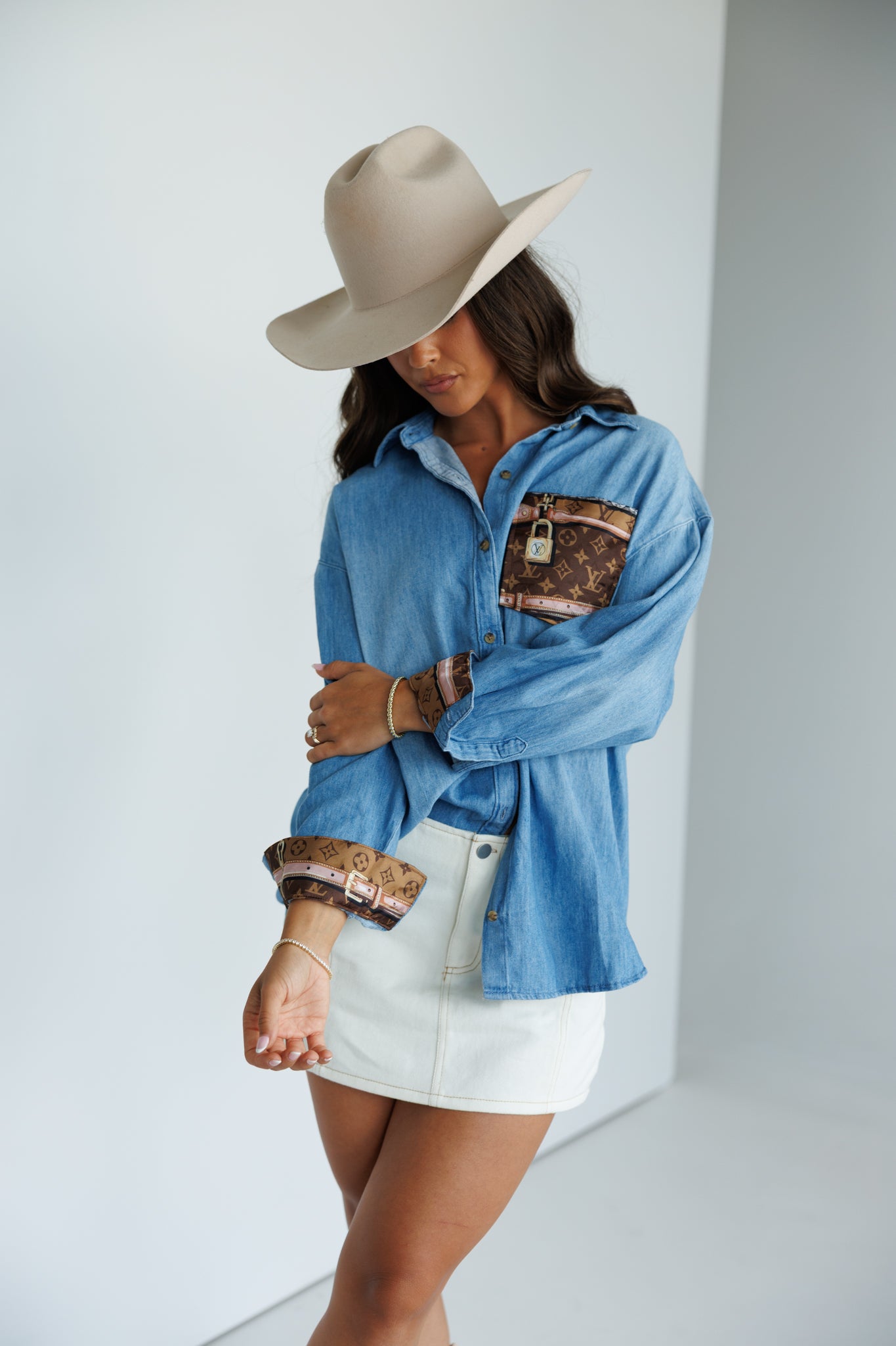 Designer Repurposed Denim Shirt w/ Designer Brown Scarf