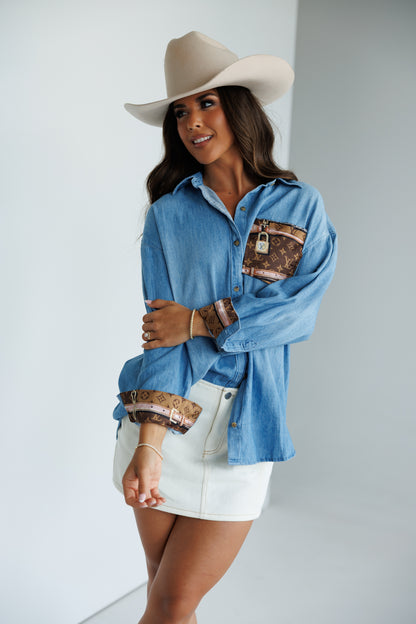 Designer Repurposed Denim Shirt w/ Designer Brown Scarf