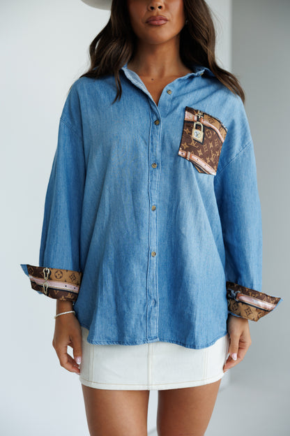 Designer Repurposed Denim Shirt w/ Designer Brown Scarf