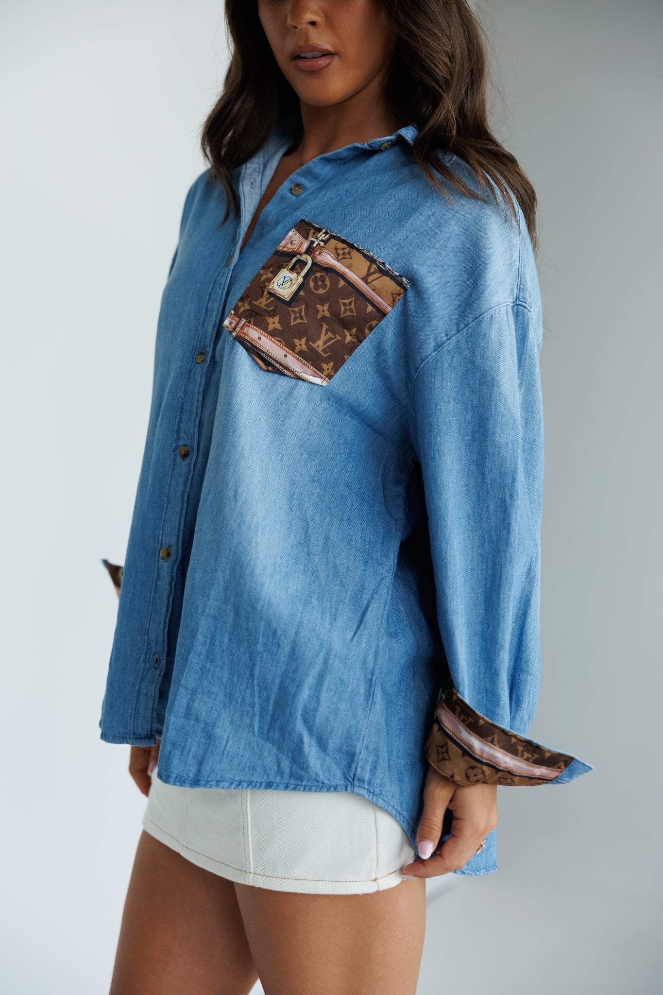Designer Repurposed Denim Shirt w/ Designer Brown Scarf