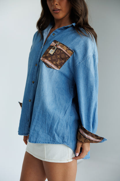 Designer Repurposed Denim Shirt w/ Designer Brown Scarf