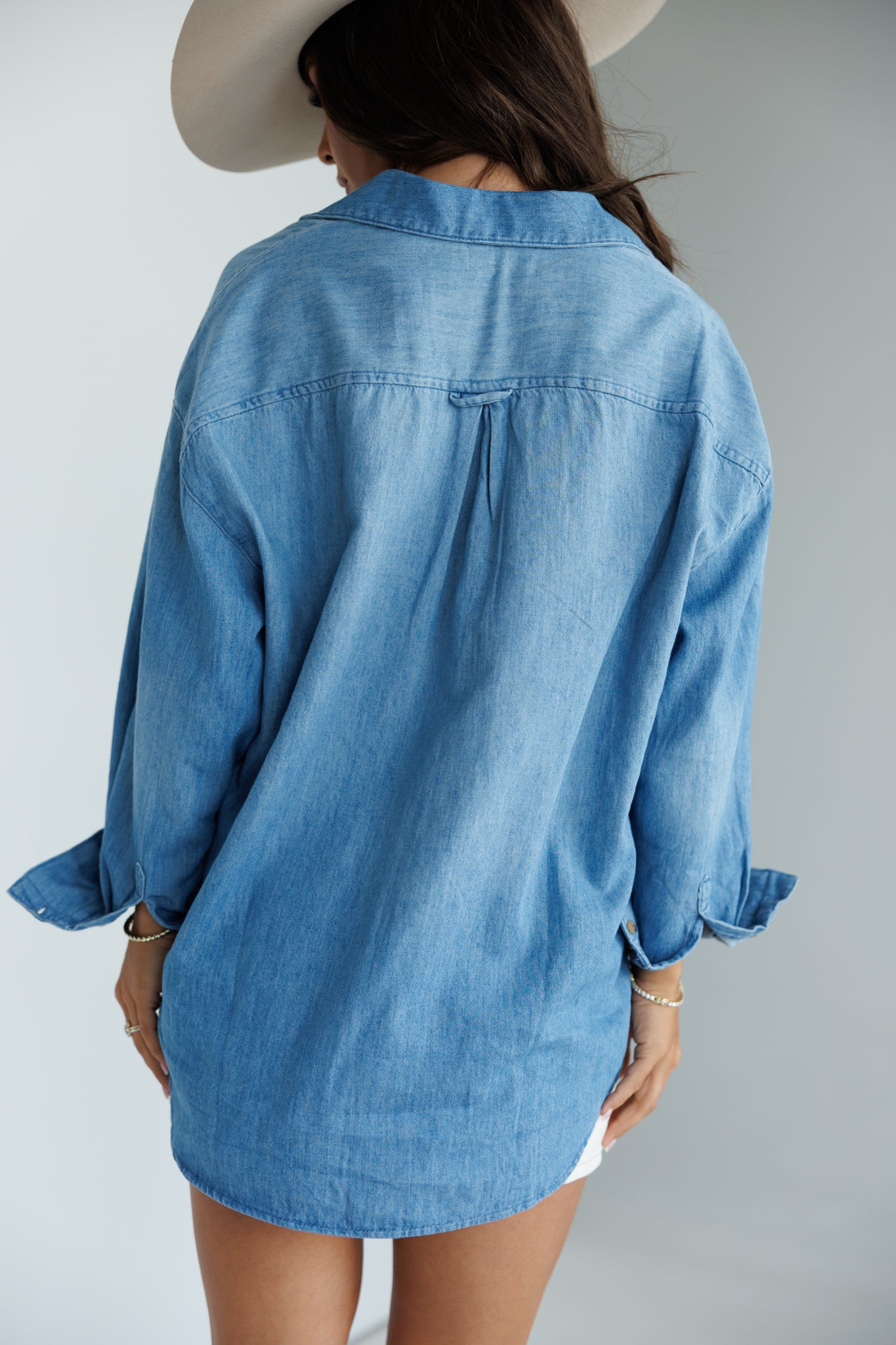 Designer Repurposed Denim Shirt w/ Designer Brown Scarf