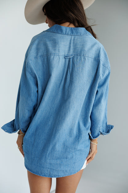 Designer Repurposed Denim Shirt w/ Designer Brown Scarf