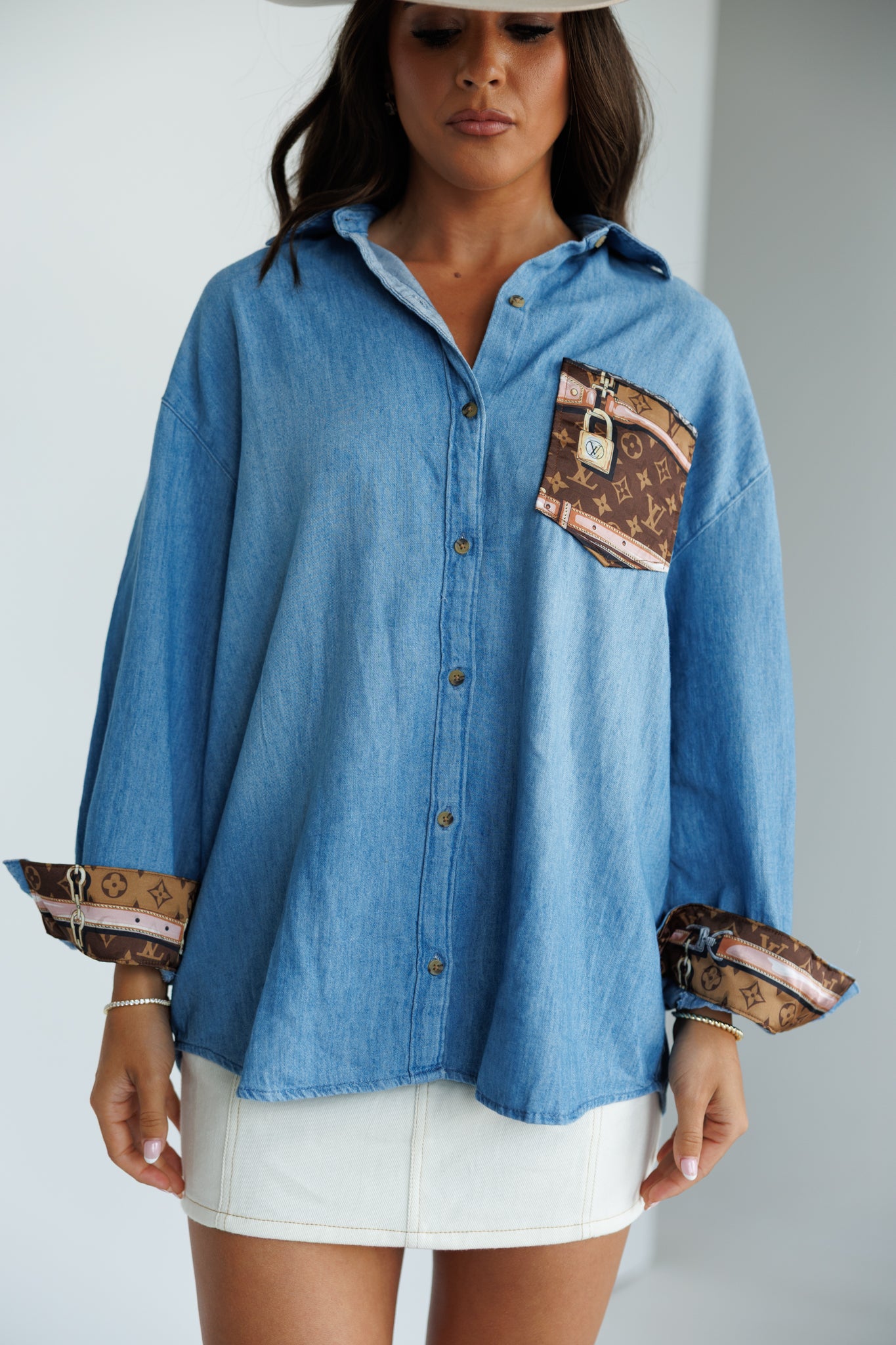 Designer Repurposed Denim Shirt w/ Designer Brown Scarf