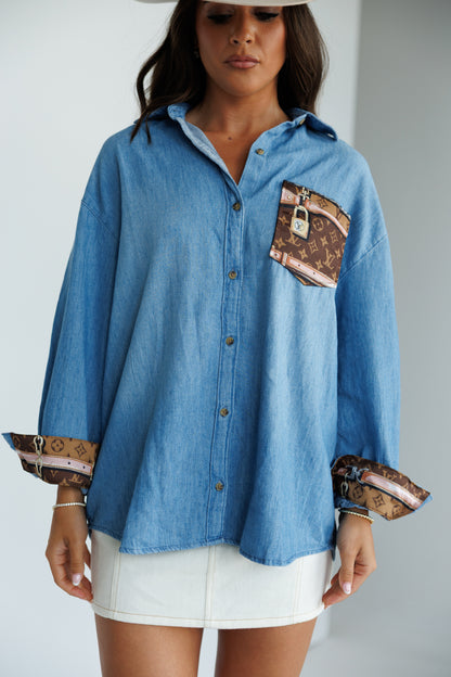 Designer Repurposed Denim Shirt w/ Designer Brown Scarf