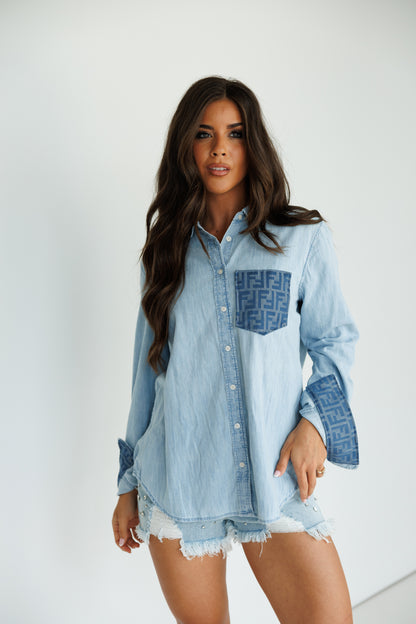 Designer Repurposed Denim Shirt w/ Designer Blue Scarf