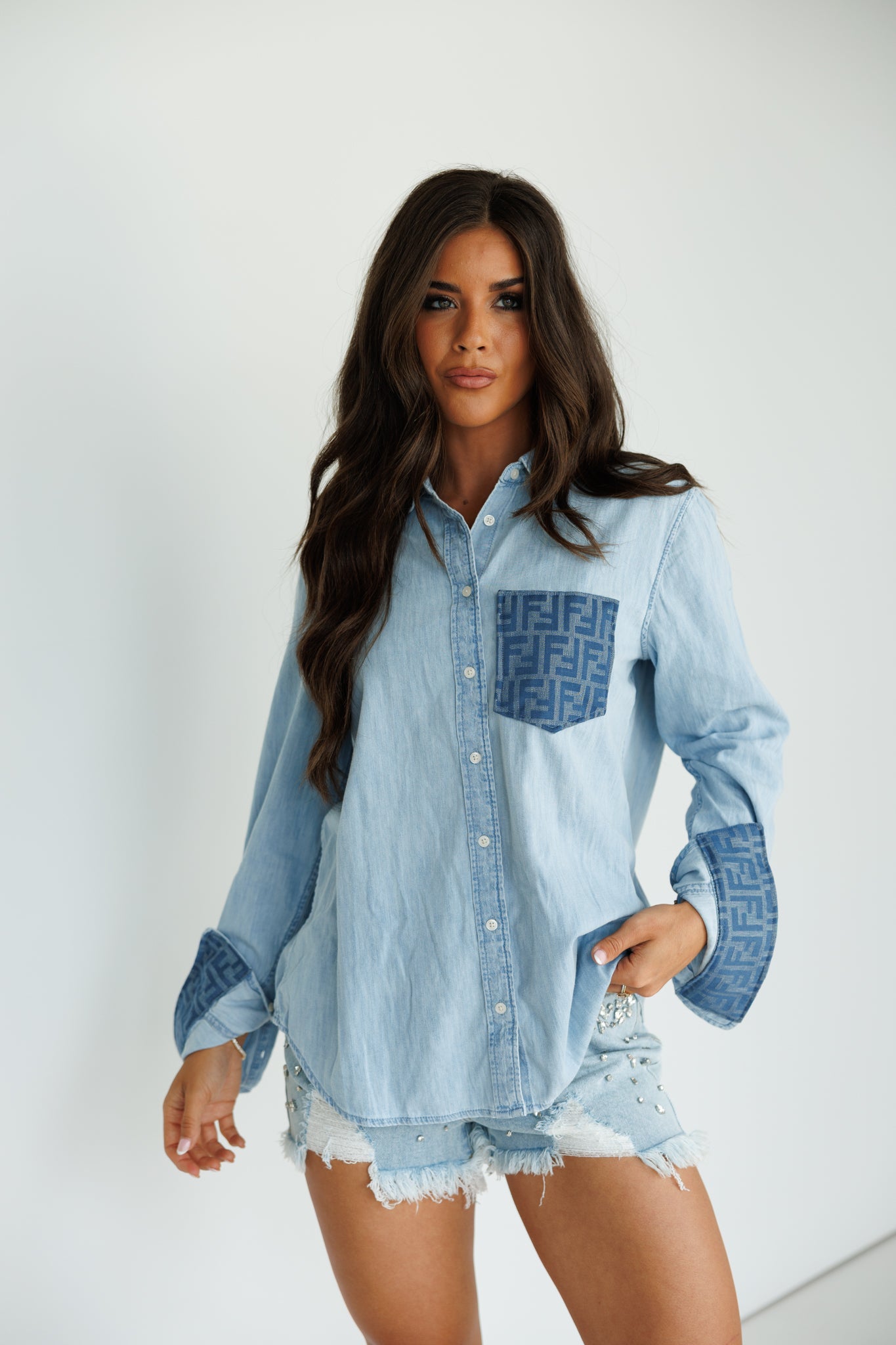 Designer Repurposed Denim Shirt w/ Designer Blue Scarf