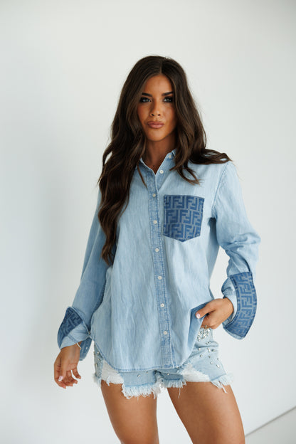 Designer Repurposed Denim Shirt w/ Designer Blue Scarf