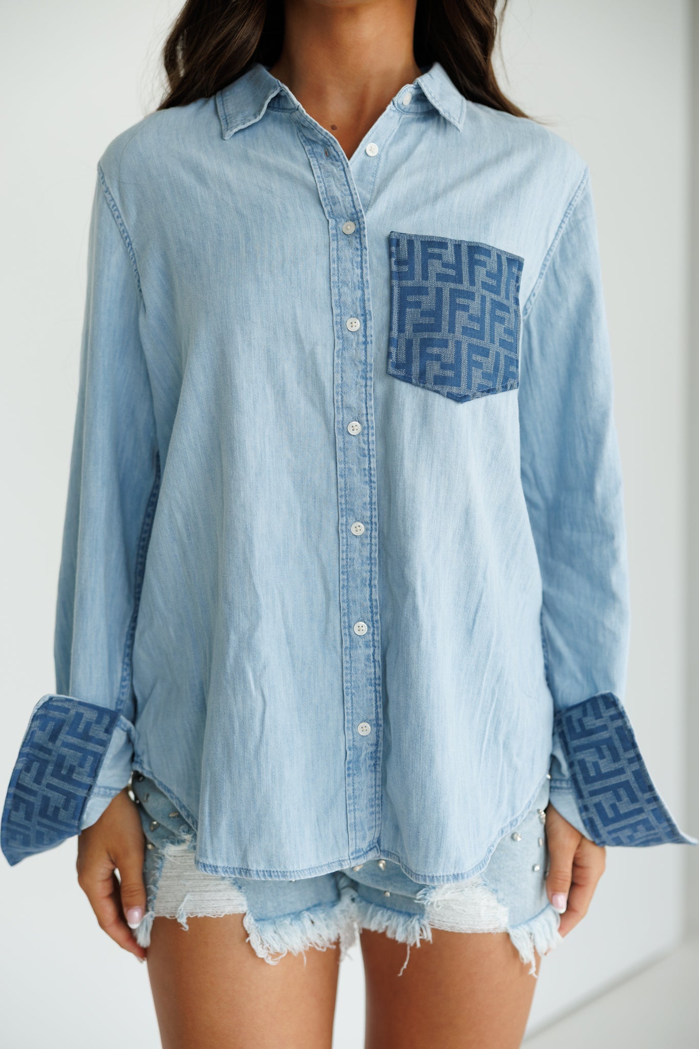 Designer Repurposed Denim Shirt w/ Designer Blue Scarf
